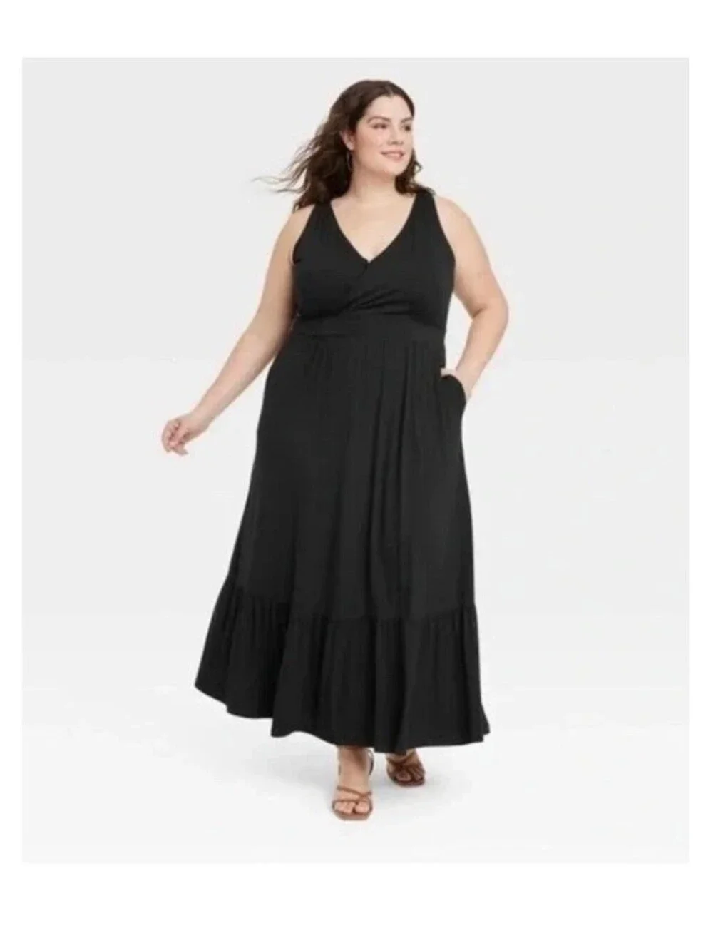 AVA & VIV SIZE 2X LONG BLACK V-NECK MAXI DRESS STRETCH Goth Whimsigoth Event